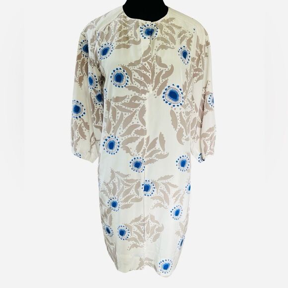 Diane von Furstenberg Kimono Dress Size 4 Blue Tan Floral 100% Silk Fully Lined - Picture 1 of 7